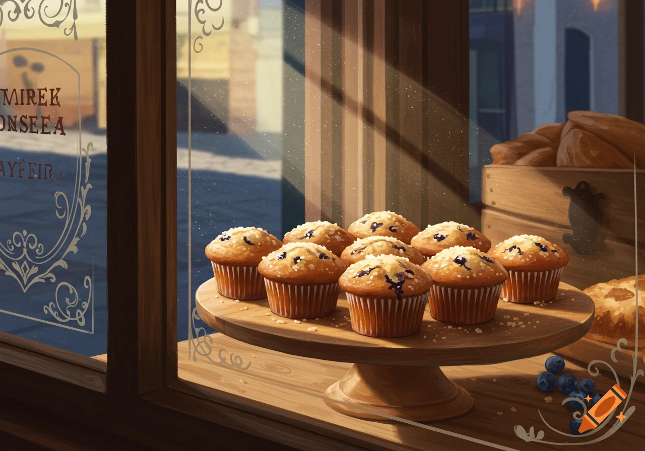 Blueberry muffins on a wooden stand in a sunlit bakery window. Illustration.