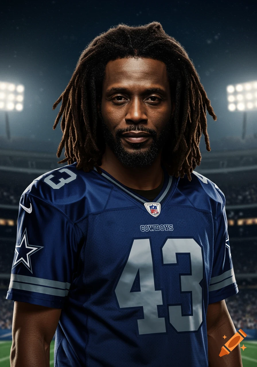 A photorealistic portrait of a Black man with dreadlocks wearing a Dallas Cowboys jersey with the number 43 in a stadium.