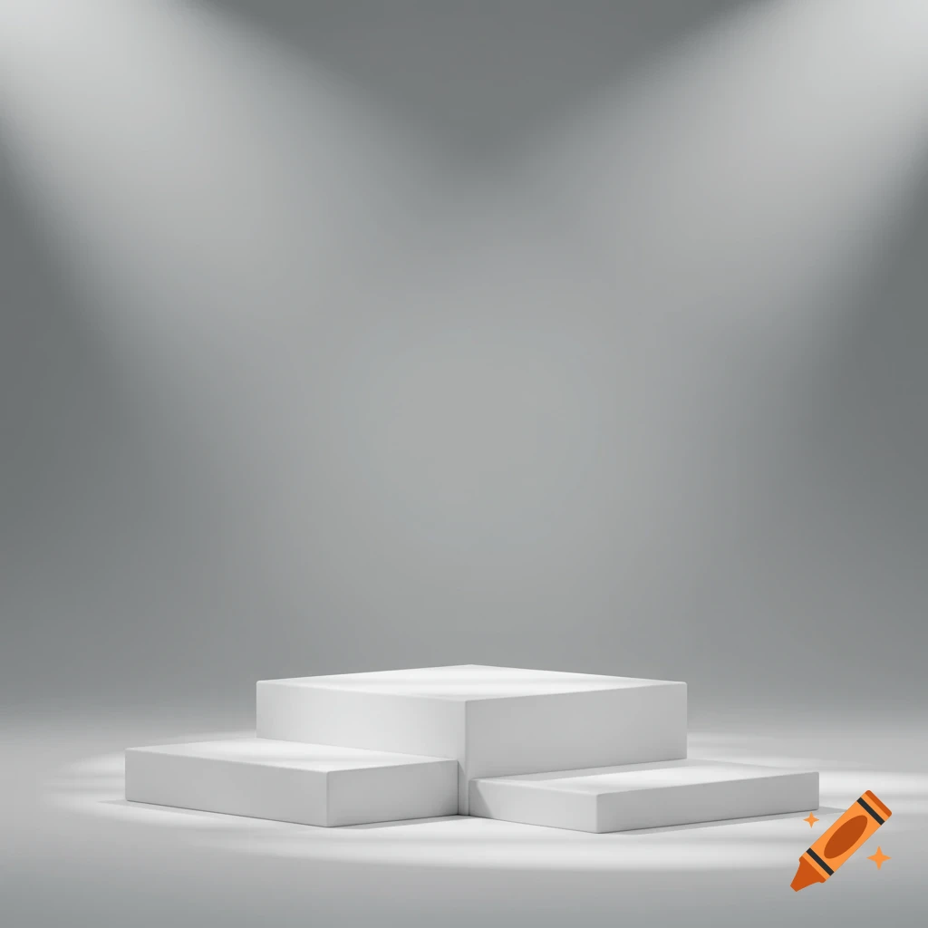White three-tiered product display podium illuminated by spotlights in a minimalist studio.