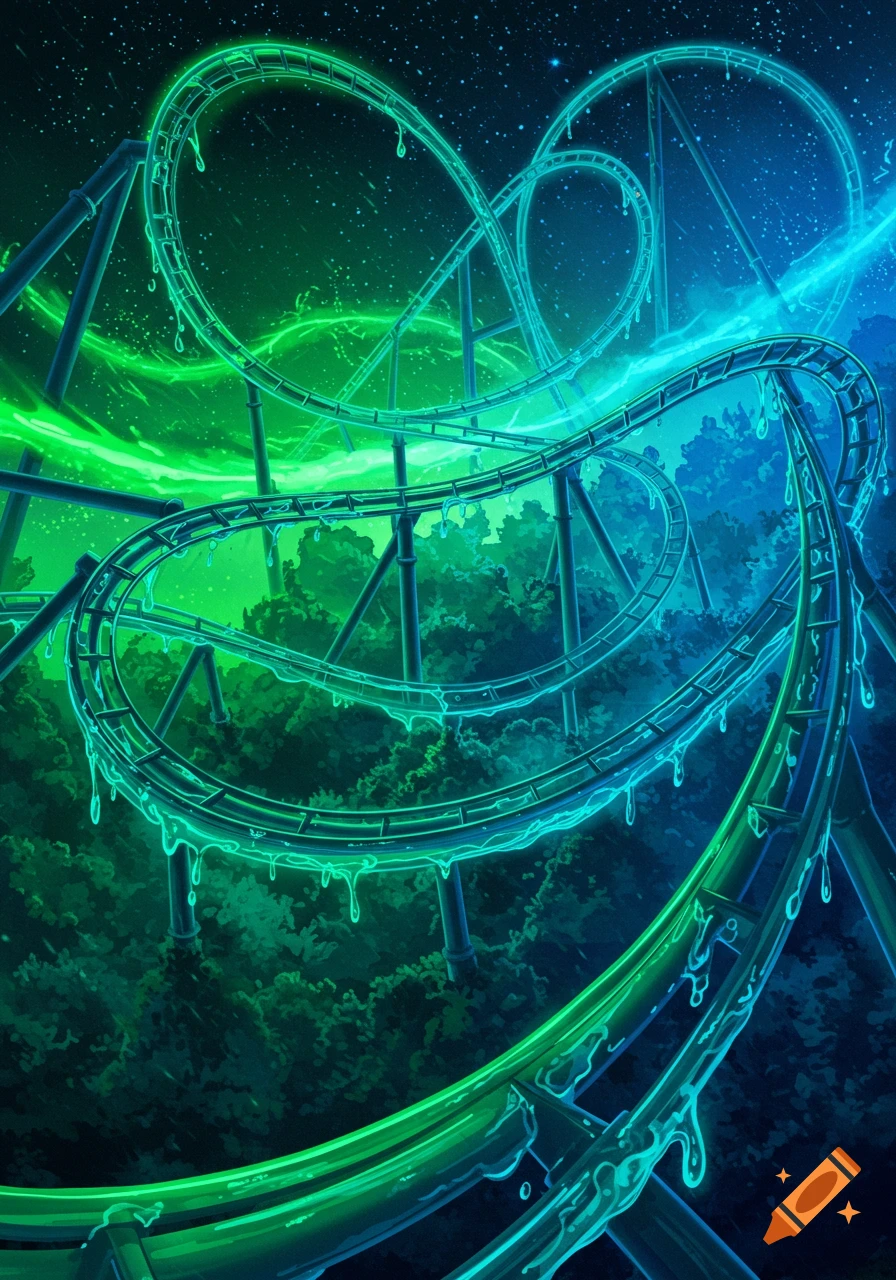 A neon green and blue glowing roller coaster track, covered in dripping slime, winds through dark trees under a starry night sky.