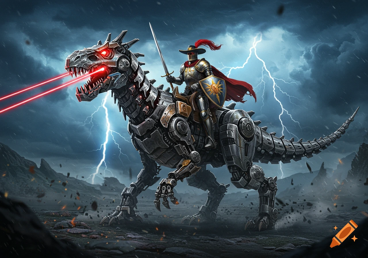 A knight in armor with a plumed hat rides a robotic T-Rex with glowing red eyes, firing lasers, amidst a stormy, lightning-filled landscape.