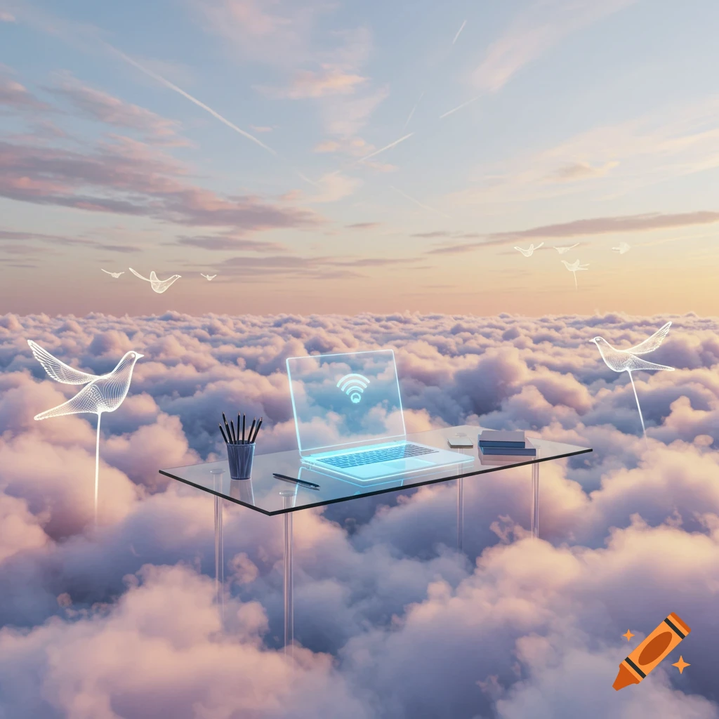 A surreal scene of a glowing laptop and clear glass desk floating above a sea of clouds, with wireframe birds flying around, under a pink and blue sky.