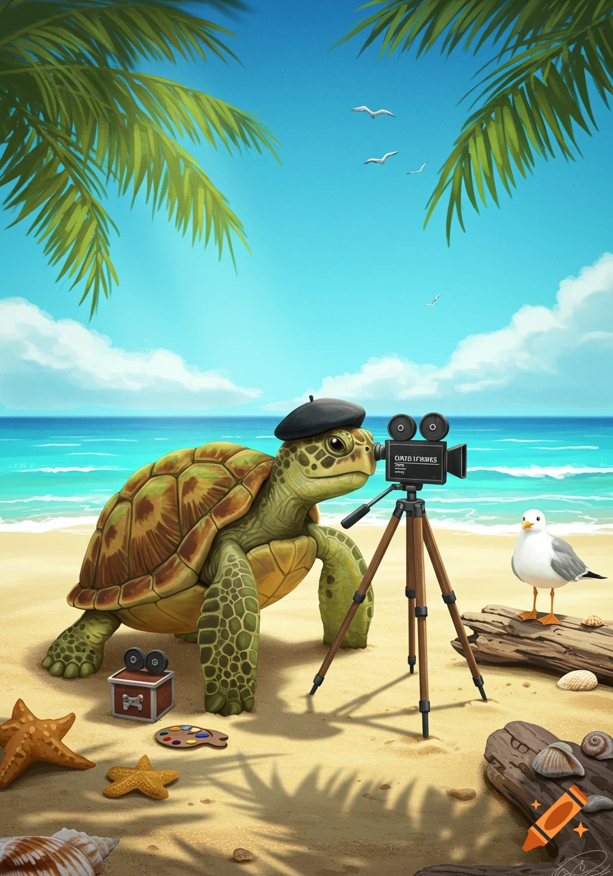 A cartoon turtle wearing a beret operates a vintage film camera on a sunny beach, with a seagull standing nearby.