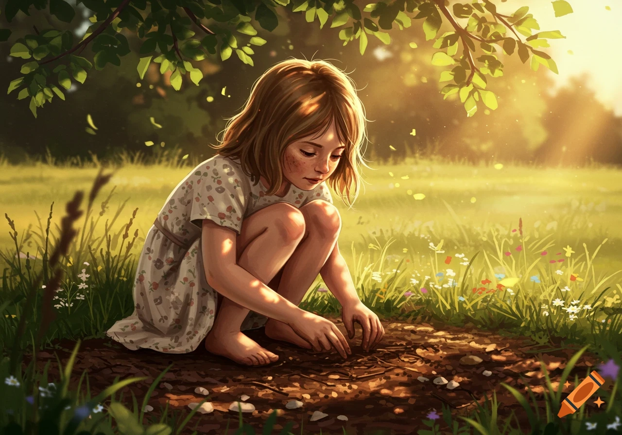 Illustrated image of a young girl with brown hair crouching in a sunny field, playing in the dirt with wildflowers around her.