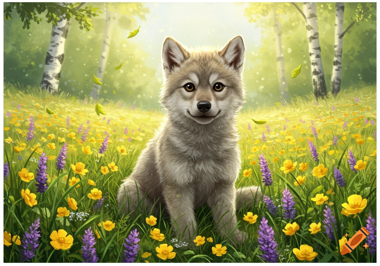 A cute wolf cub sitting in a field of yellow and purple wildflowers under dappled sunlight.