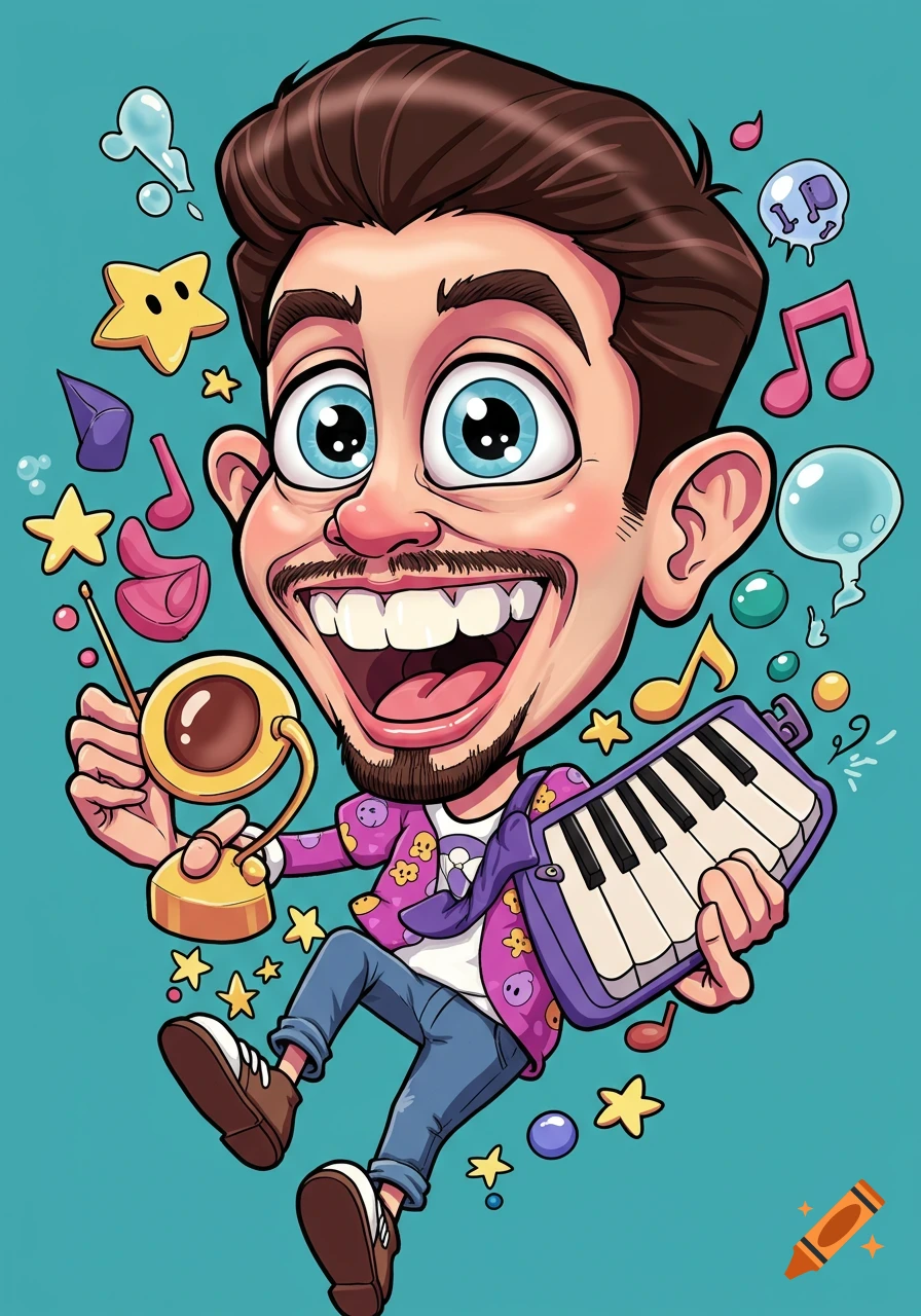 Vibrant cartoon caricature of a broadly smiling man holding a melodica and a golden object, surrounded by music notes and stars.