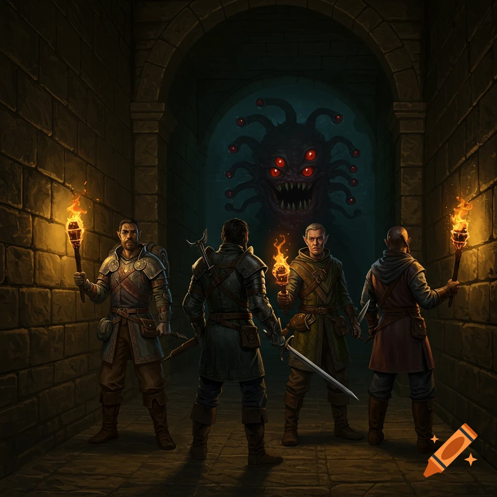 Four adventurers with torches and weapons confront a multi-eyed Beholder monster in a dark dungeon corridor.