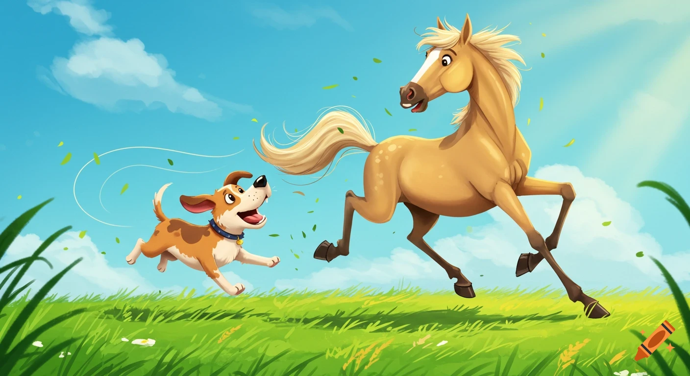 A whimsical cartoon illustration of a happy dog and horse running in a grassy field under a bright blue sky.