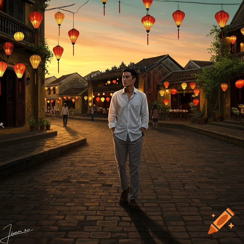 An Asian man walks down a cobblestone street lined with traditional buildings and glowing lanterns at sunset in Hoi An, Vietnam.