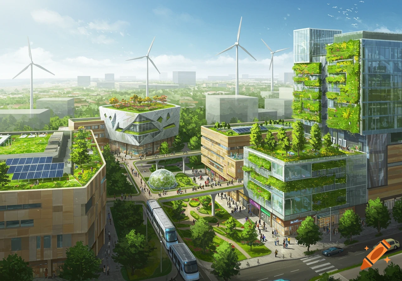 An aerial view of a modern, green city with buildings covered in lush vegetation, rooftop gardens, solar panels, and wind turbines. A monorail passes through parks with pedestrians.