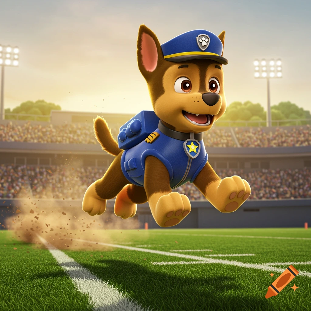 Chase from Paw Patrol, a cartoon police dog, runs across a football field in a stadium.