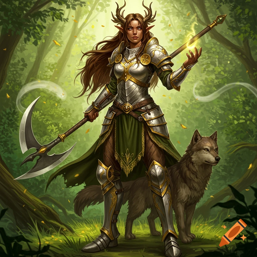A dark-skinned female fantasy druid with antlers and long brown hair in white and gold armor, holding a glaive with a wolf in a lush forest.