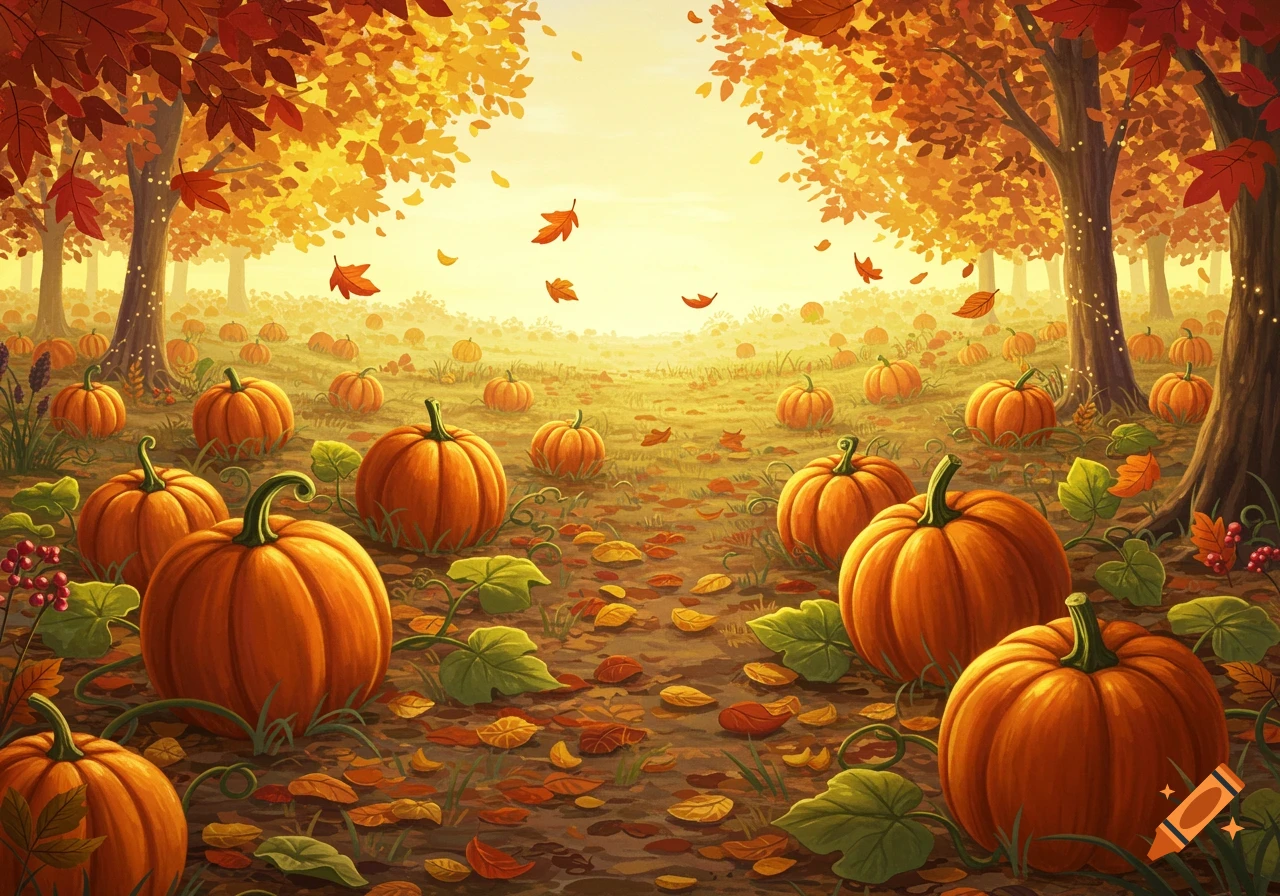 A vibrant, whimsical children's book illustration of a sunny autumn pumpkin patch with scattered pumpkins and falling leaves.