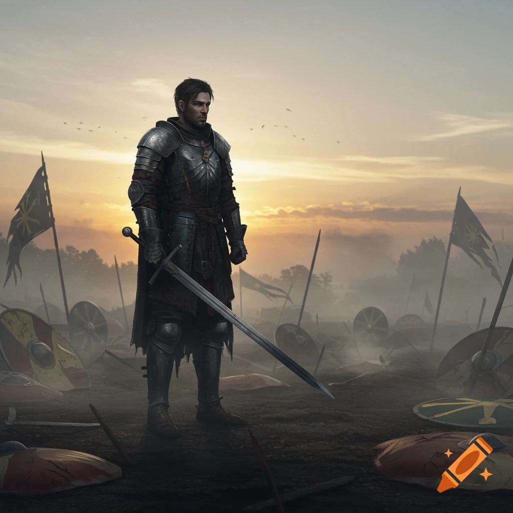 A lone knight stands on a foggy, war-torn battlefield at sunset, surrounded by fallen shields and flags.