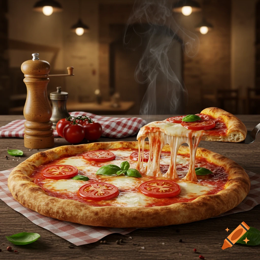 A hot, steamy pizza with melted cheese, tomato slices, and basil, with a slice being pulled up, in a rustic restaurant setting.