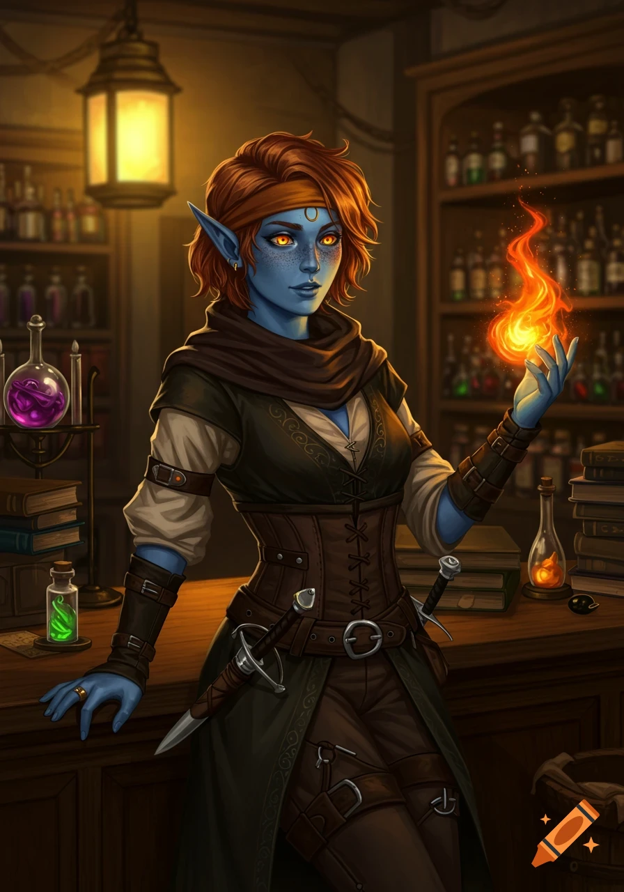 A blue-skinned dark elf sorceress with copper hair and glowing orange eyes in an alchemy shop, casting fire from her hand. Fantasy art.