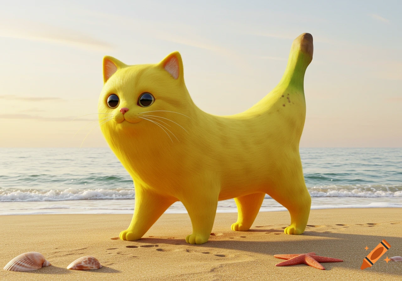 A cute, yellow banana cat stands on a sandy beach with seashells and a starfish, the ocean in the background at sunset.