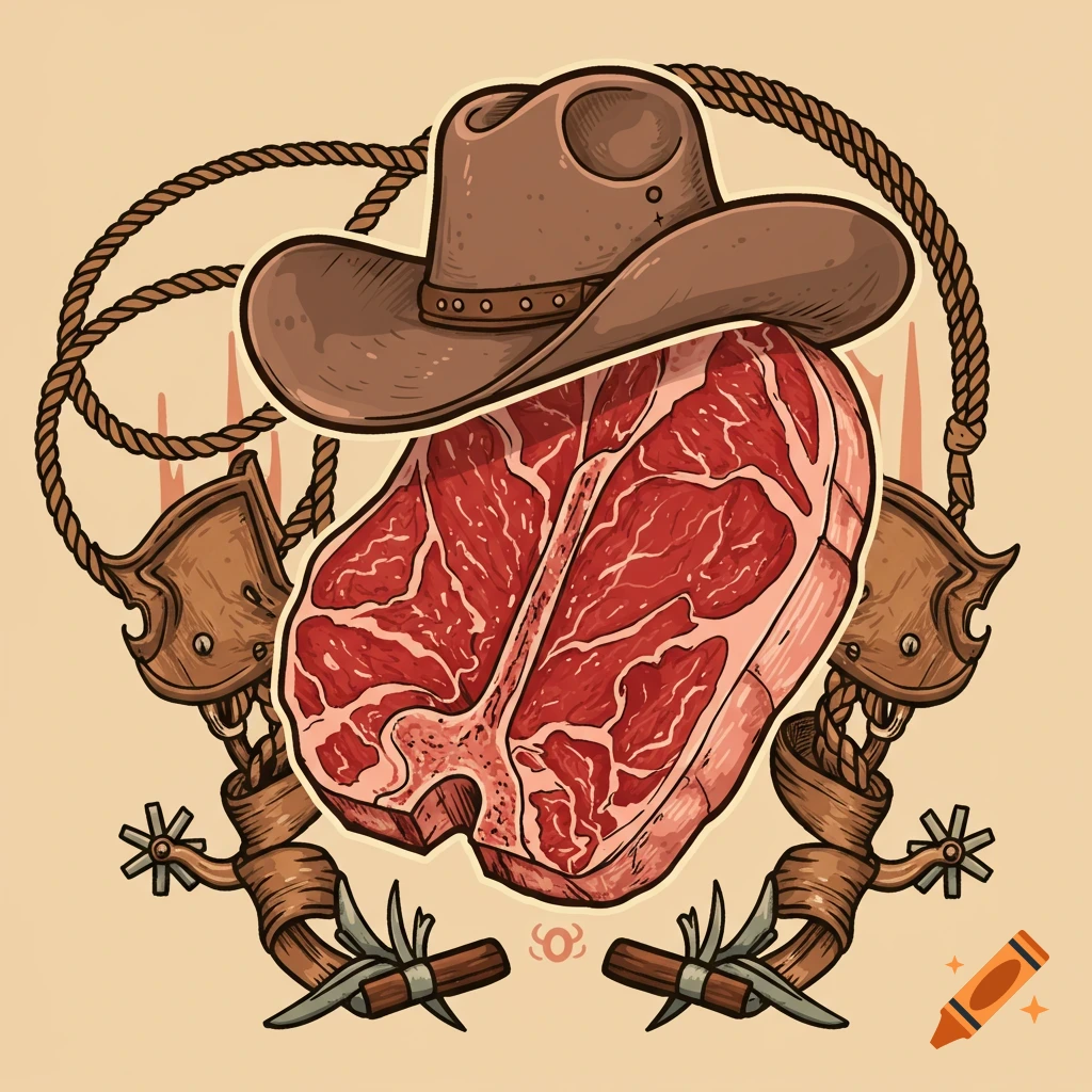 A T-Bone steak wearing a cowboy hat, surrounded by a lasso and spurs in a tattoo-style illustration.