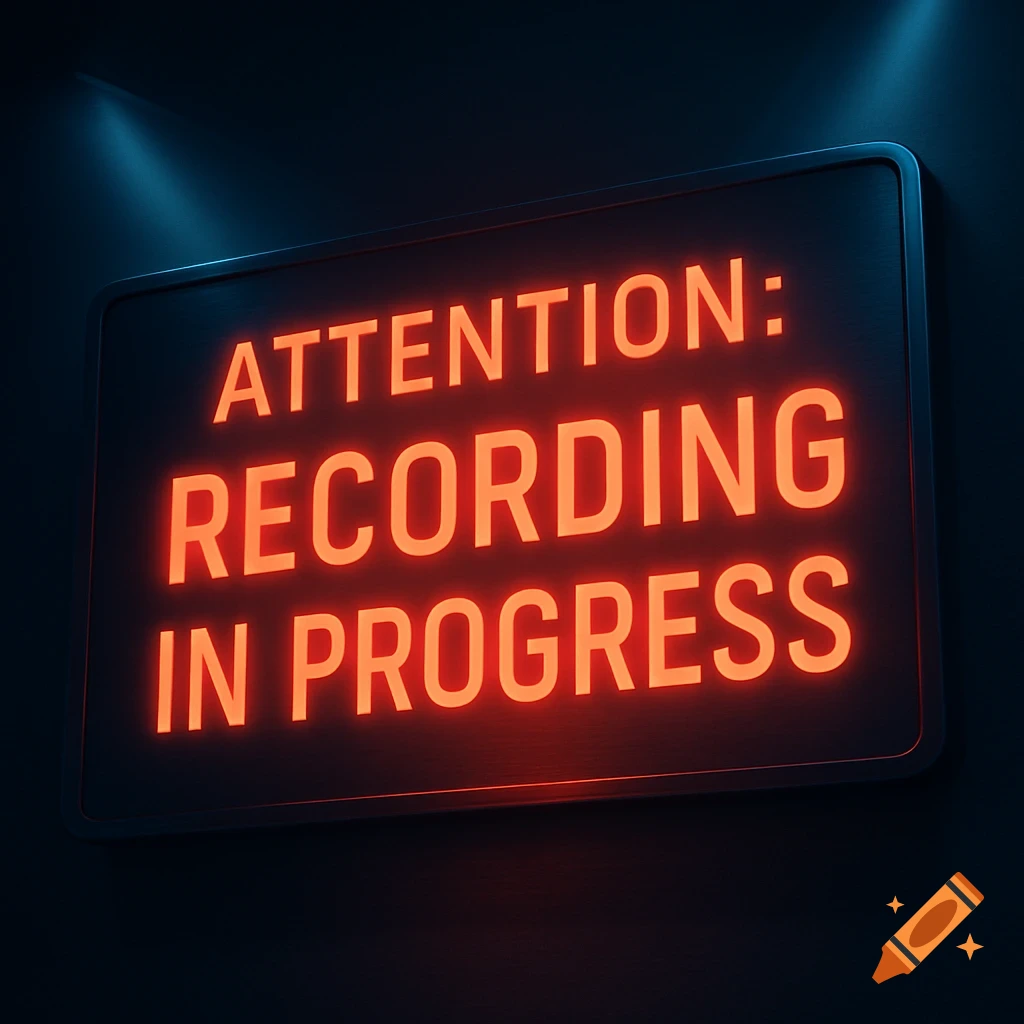 A glowing orange neon sign on a dark wall reads 'ATTENTION: RECORDING IN PROGRESS', illuminated by blue spotlights.