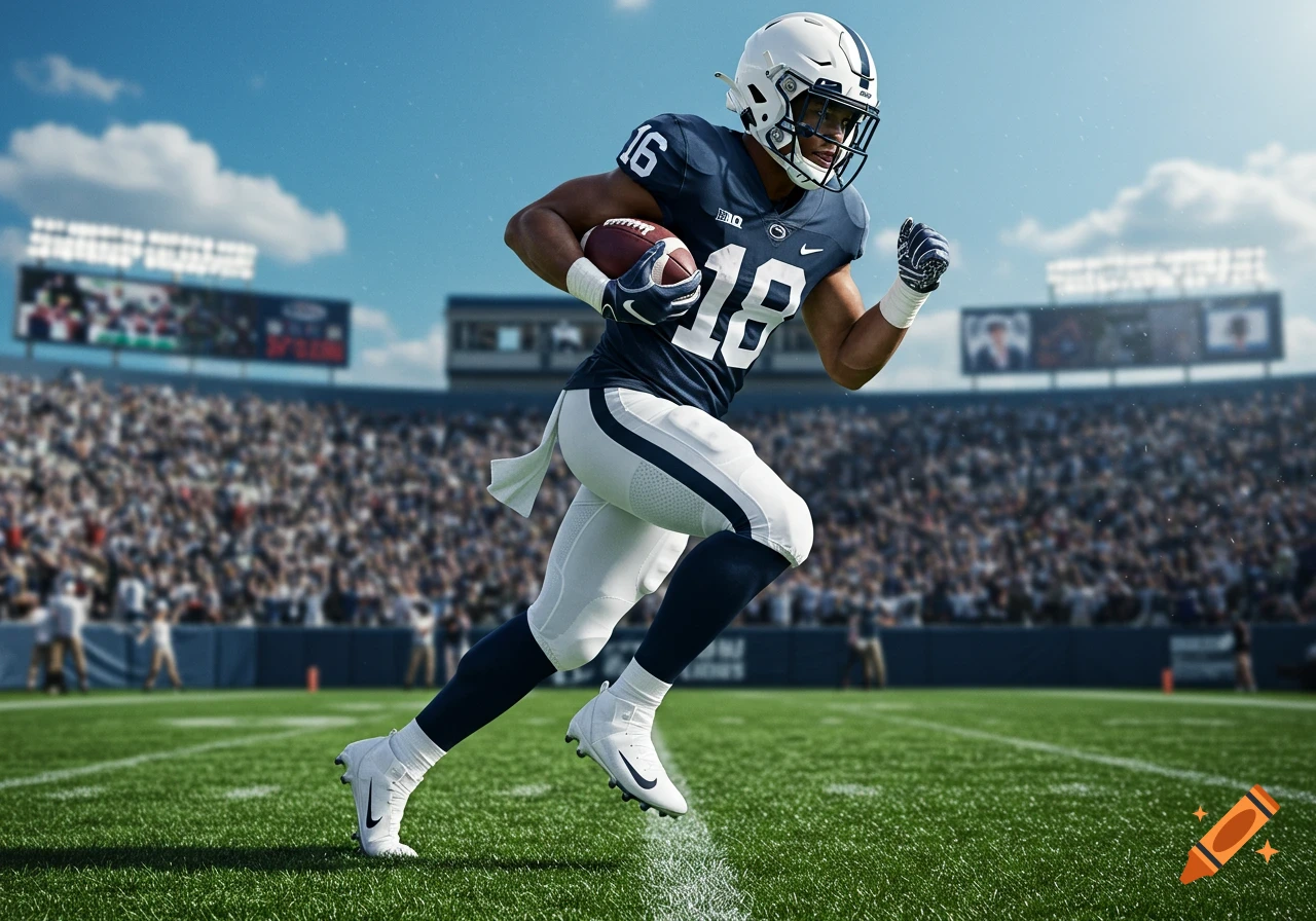 A photorealistic image of a football player in a navy blue and white uniform with number 18, running with a football on a green field in a stadium filled with spectators under a blue sky.