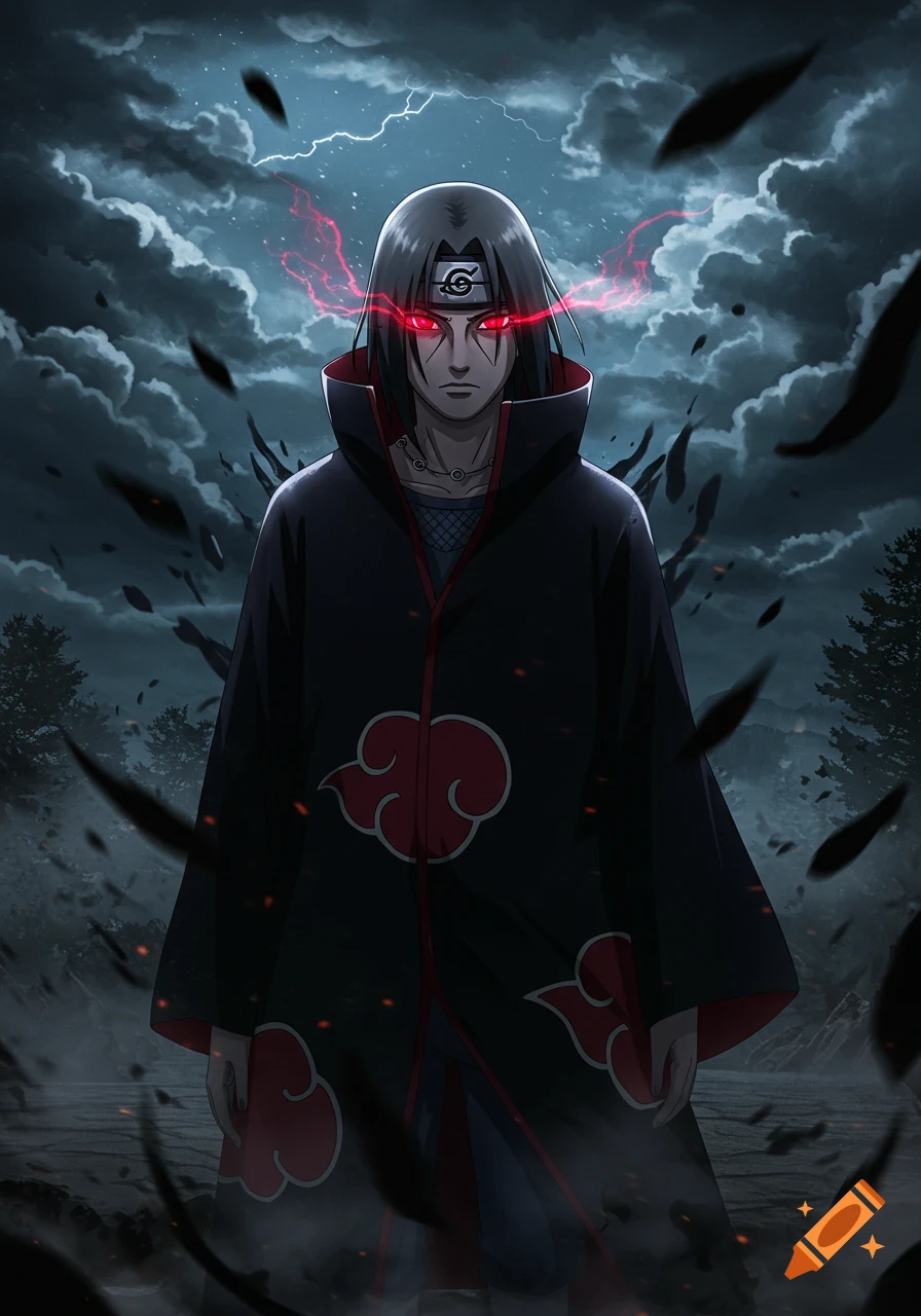 Anime character Itachi Uchiha in a black cloak, his glowing red Mangekyo Sharingan eyes radiating power under a stormy, dark sky with lightning.