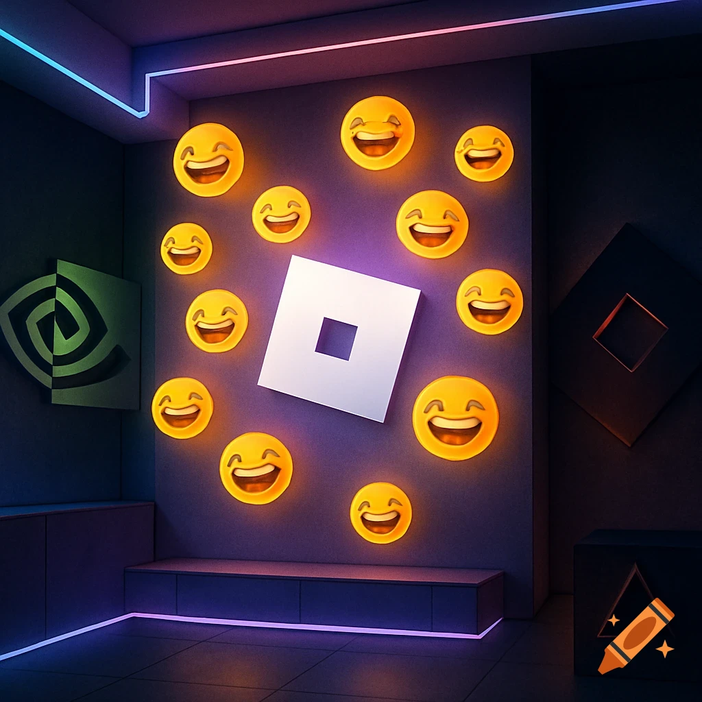 A dark room with glowing Roblox logos, laughing emojis, and an Nvidia logo on the walls, illuminated by neon lights.