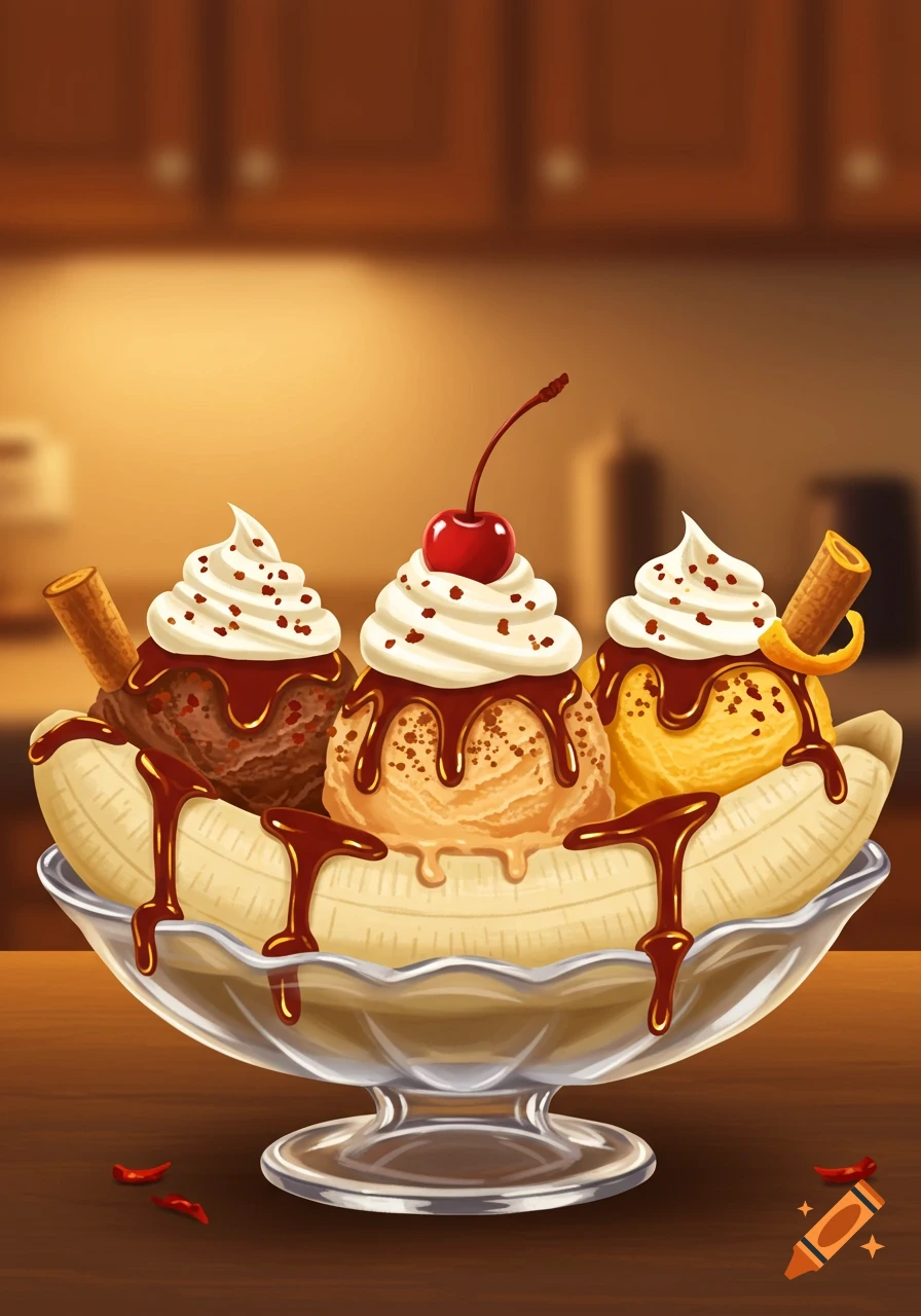 Vibrant illustration of a spicy banana split with three ice cream scoops, whipped cream, chocolate syrup, cherry, wafer, and chili flakes.