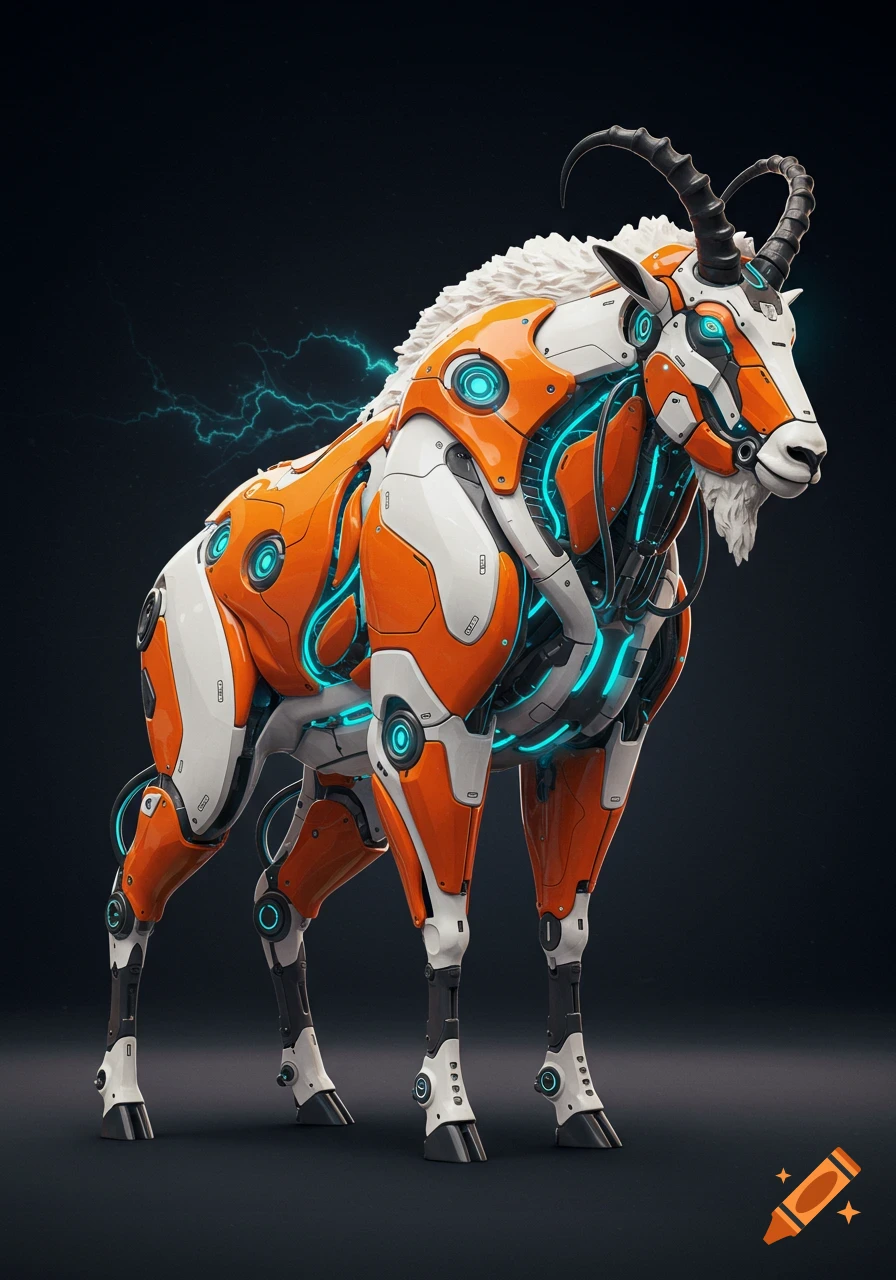 A futuristic robotic mountain goat with orange and white armor, glowing blue energy lines, and lightning sparks, set against a dark background.