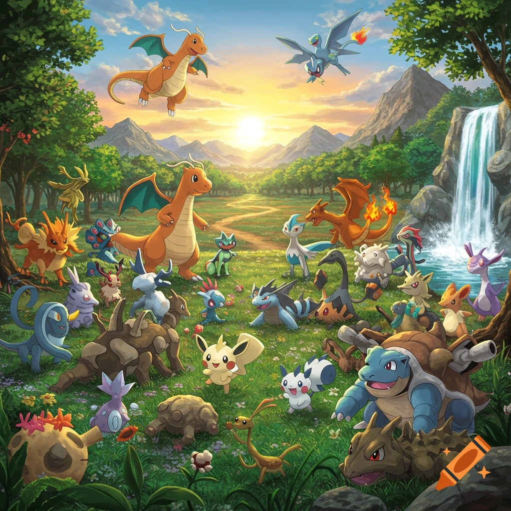 Vibrant illustration of many Pok 00e9mon, including Dragonite, Charizard, and Blastoise, in a lush valley with a waterfall and sunset.
