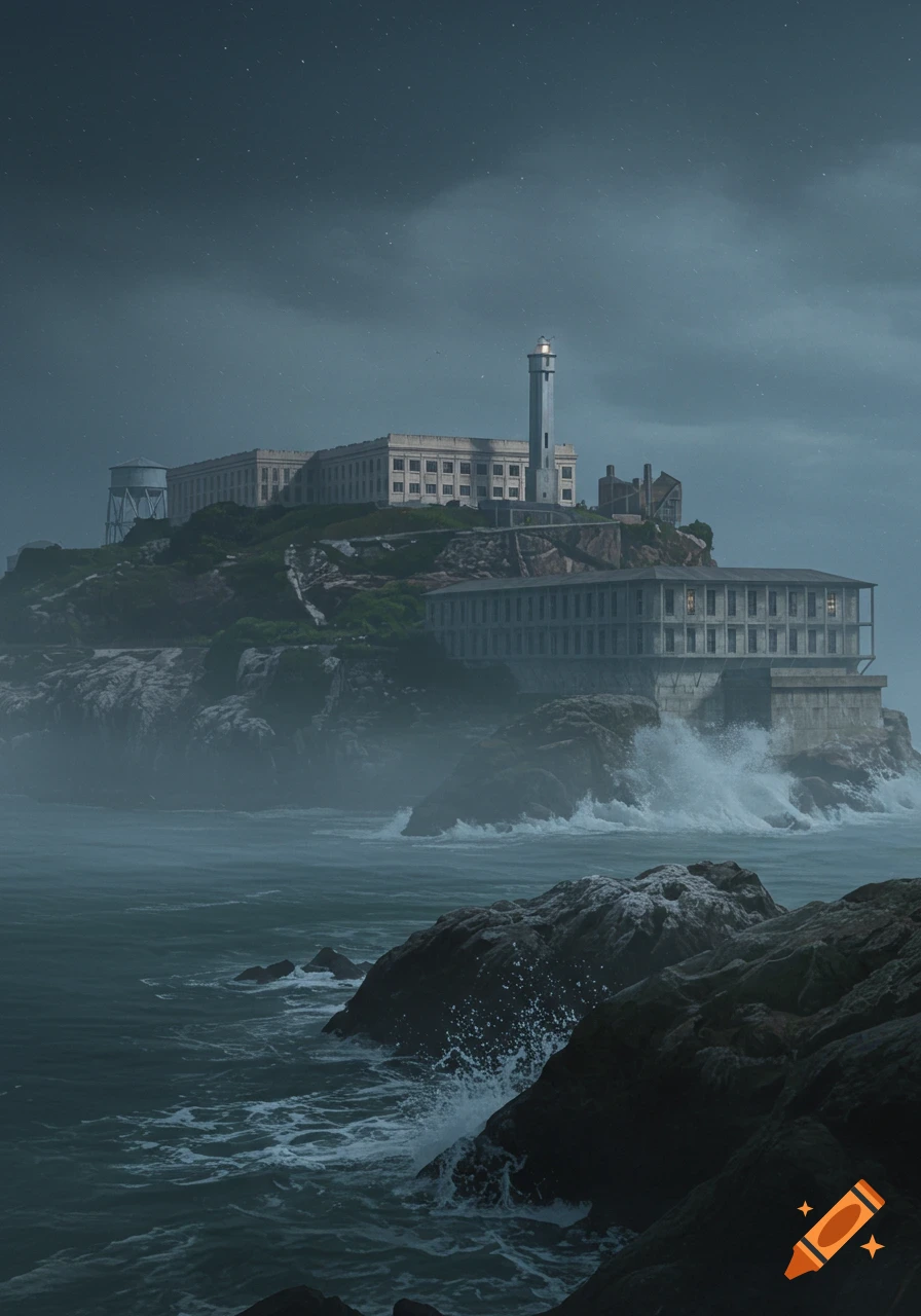 Alcatraz prison looms on a misty island under a dark sky, with a lighthouse and waves crashing on rocks.
