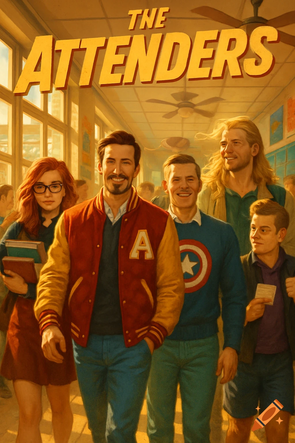 A group of diverse young adults, styled like a retro movie poster, walk through a sunny school hallway, smiling. Text reads 'THE ATTENDERS'.
