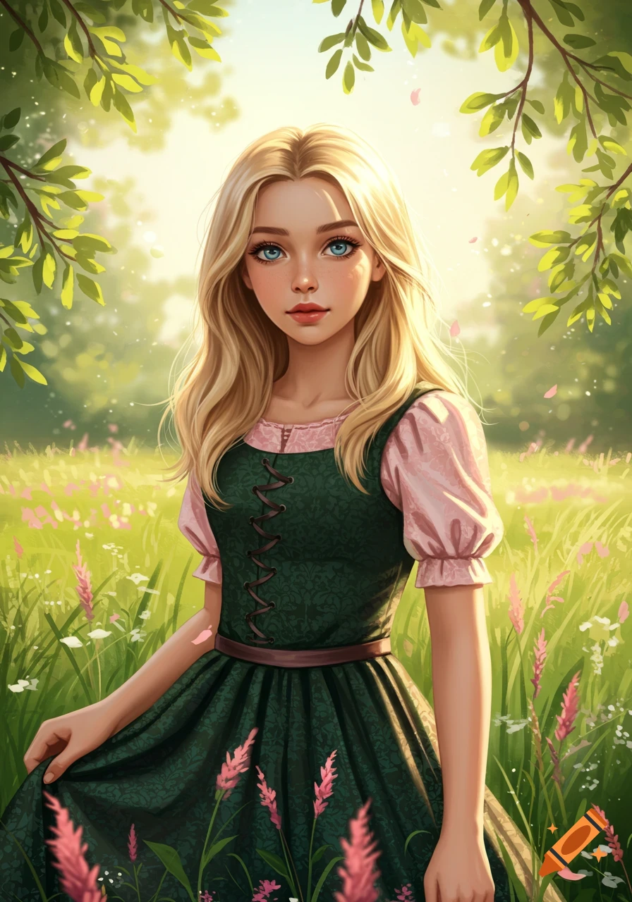 A digital illustration of a blonde, blue-eyed teenage girl in a dark green and pink dress standing in a sunny field with flowers.