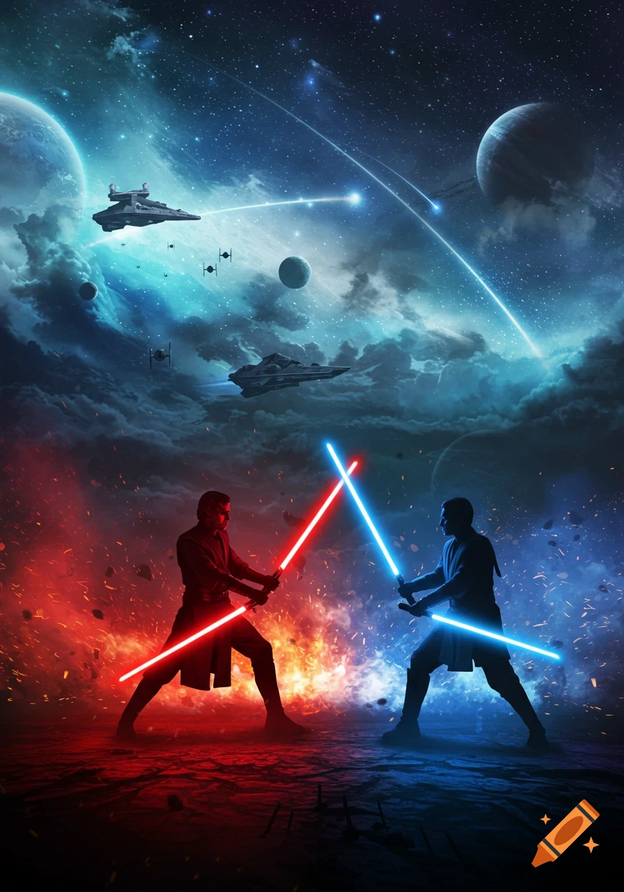 Two figures duel with red and blue lightsabers against a backdrop of spaceships, planets, and a fiery, stormy sky.