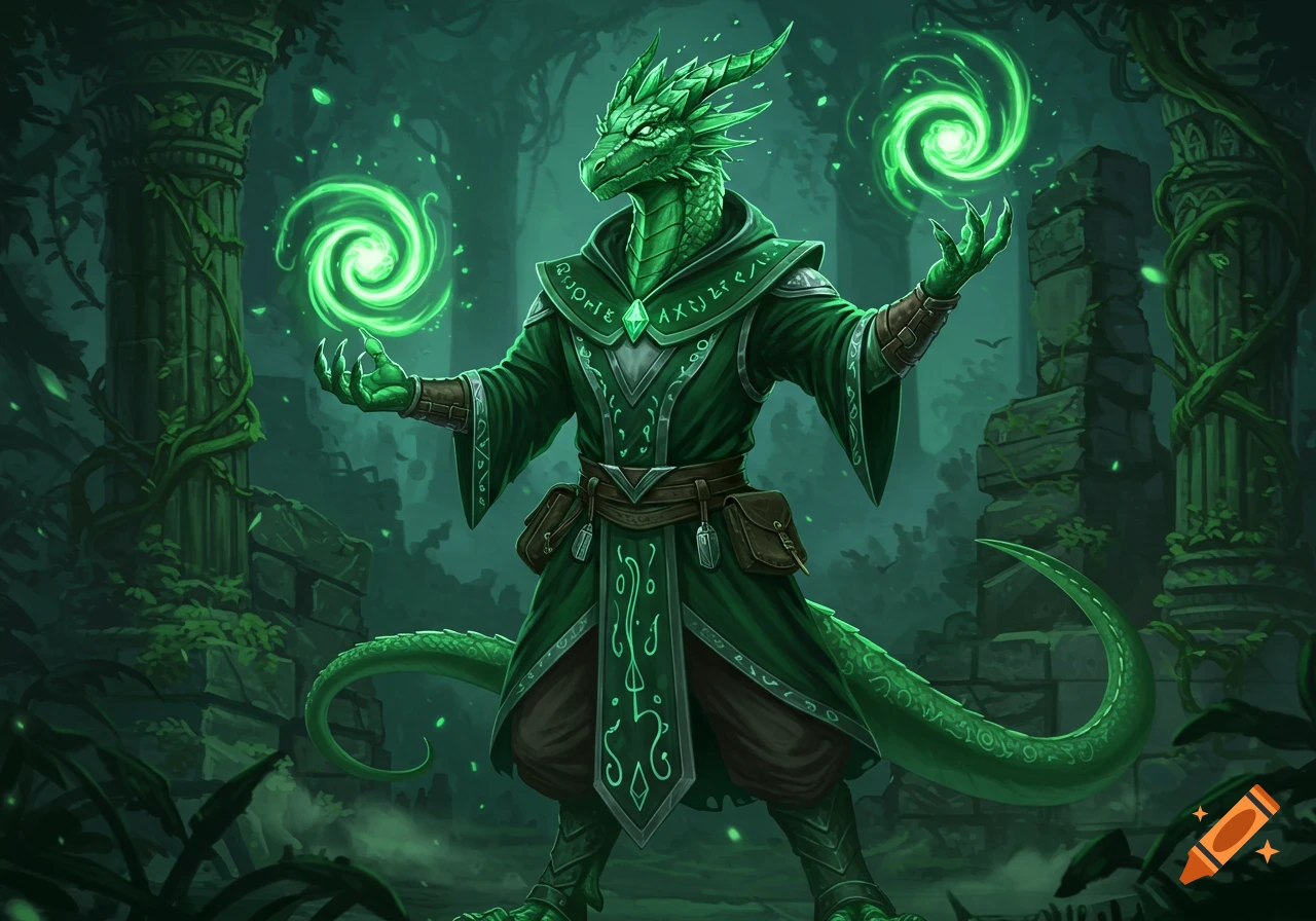 A green dragonborn sorcerer casting glowing green spells in ancient, overgrown ruins in a fantasy art style.