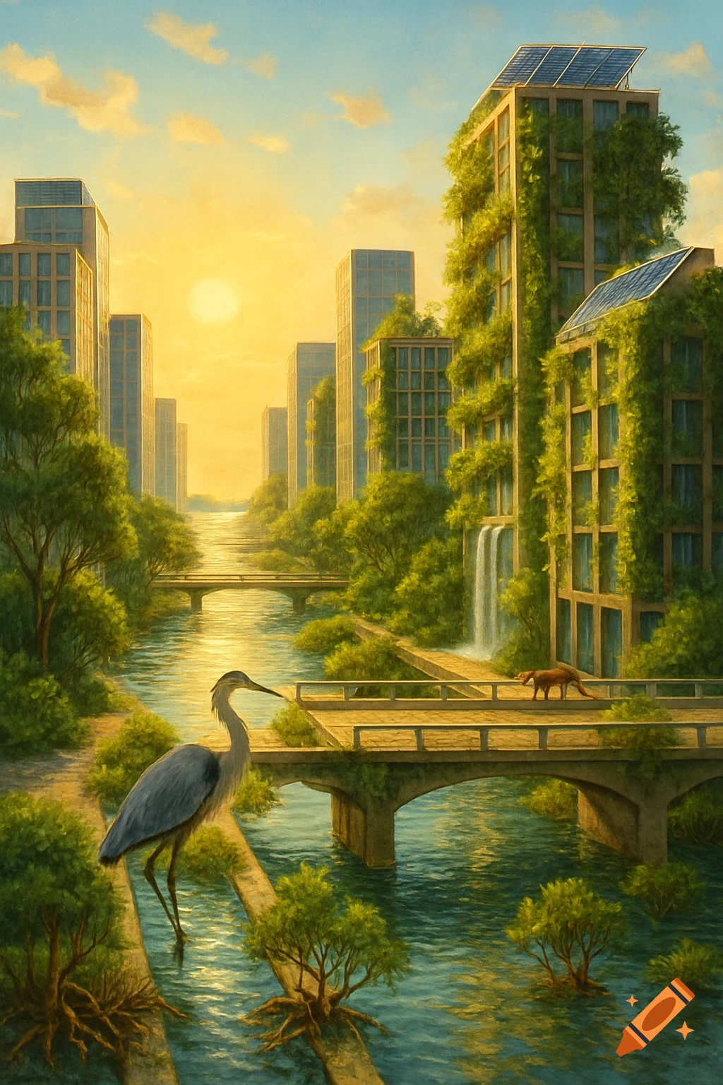 Painterly eco-city at sunset with green buildings, solar panels, a river, bridges, a heron, and a fox-like animal.