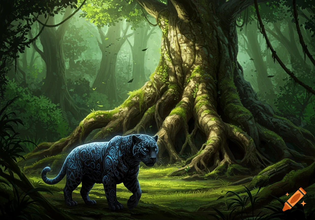 A black jaguar with glowing blue patterns walks through a vibrant, lush, ancient mossy forest.