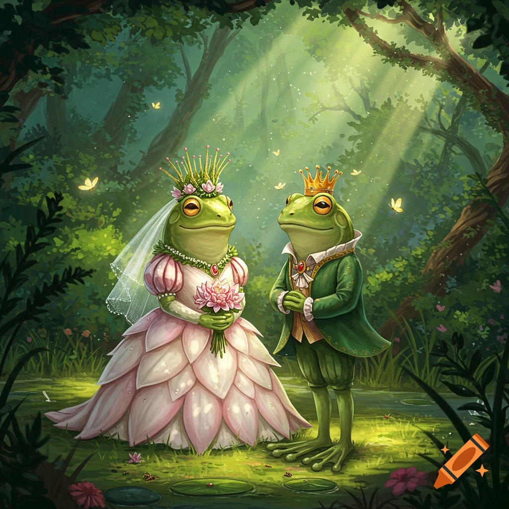 A frog bride in a pink petal dress and veil holds a bouquet, standing with a frog groom in a green suit and crown, in a sunlit forest.