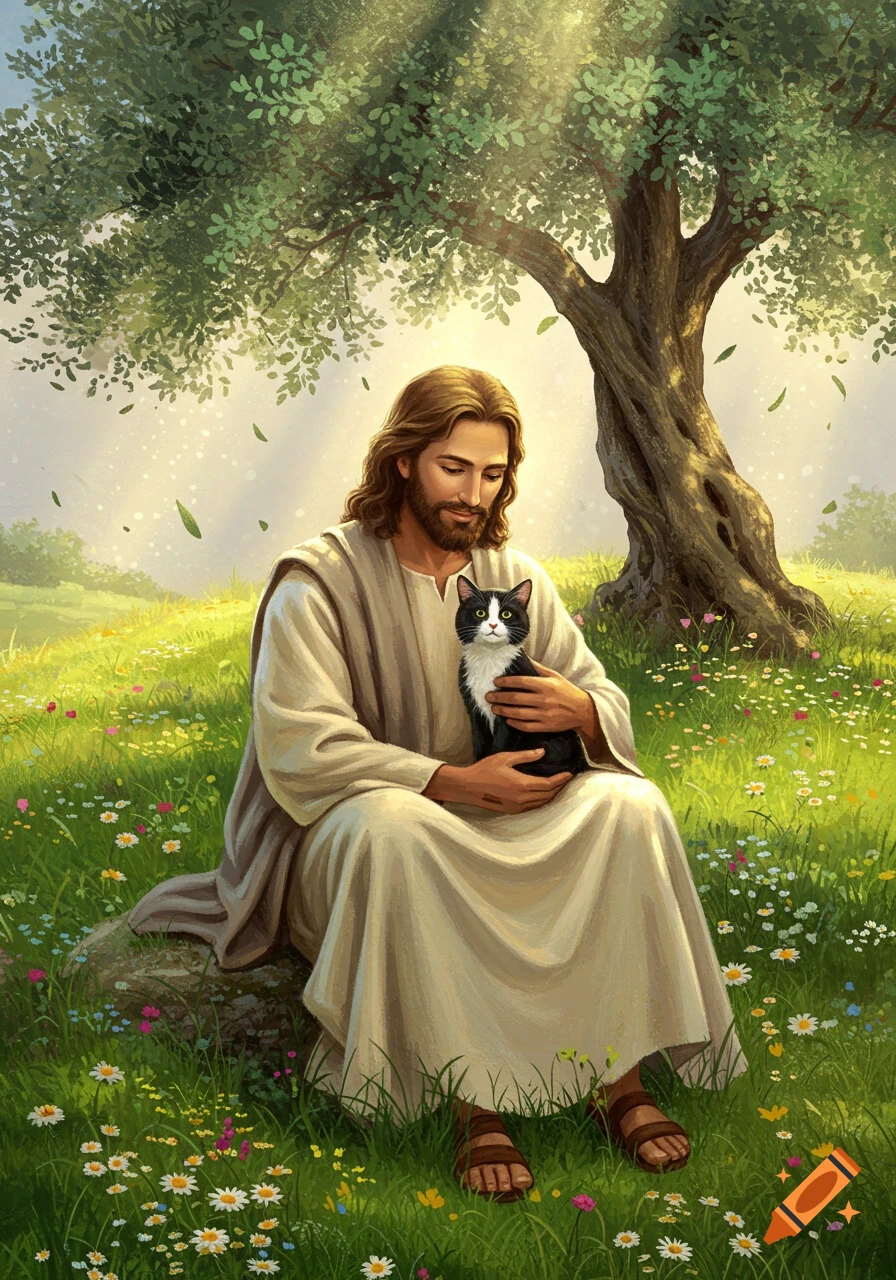 Illustrated Jesus sits under an olive tree in a sunny, flower-filled meadow, cradling a black and white cat.