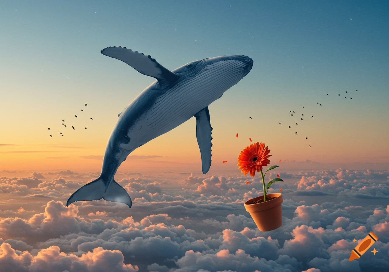 A blue whale and a potted orange flower float above clouds at sunset, with small birds flying in the sky.
