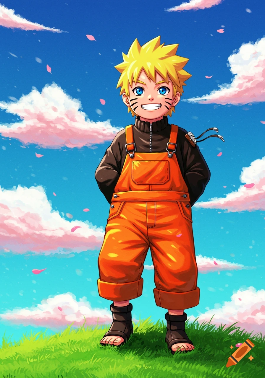 Young Naruto Uzumaki with spiky blonde hair and blue eyes, wearing orange overalls and a black shirt, standing in a green field under a blue sky with pink clouds and falling petals. The artwork is in an anime style.