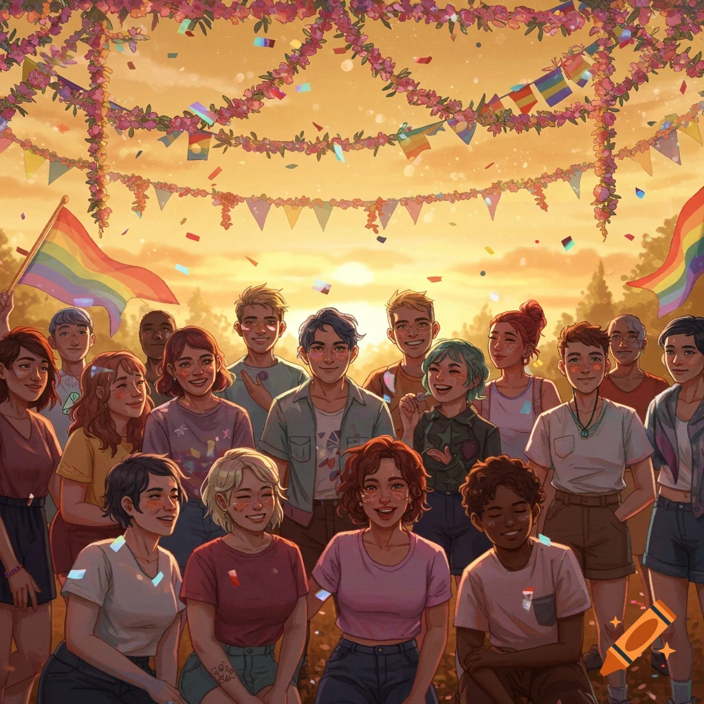 Diverse group celebrates with rainbow flags, floral garlands, and confetti at sunset in an illustration.