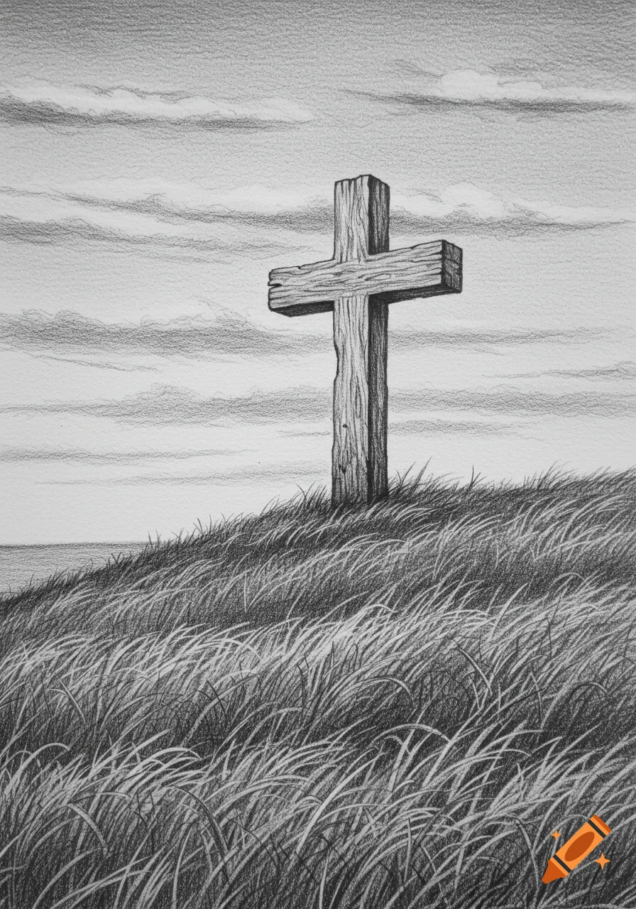 Pencil sketch of an old wooden cross on a grassy hill under a cloudy sky.