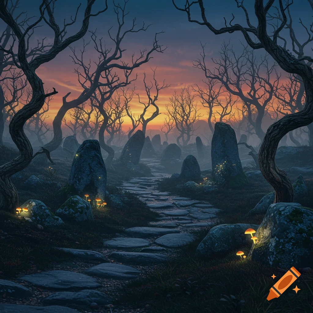 Gnarled trees loom over a mystical forest path lined with ancient standing stones and glowing mushrooms at sunset.