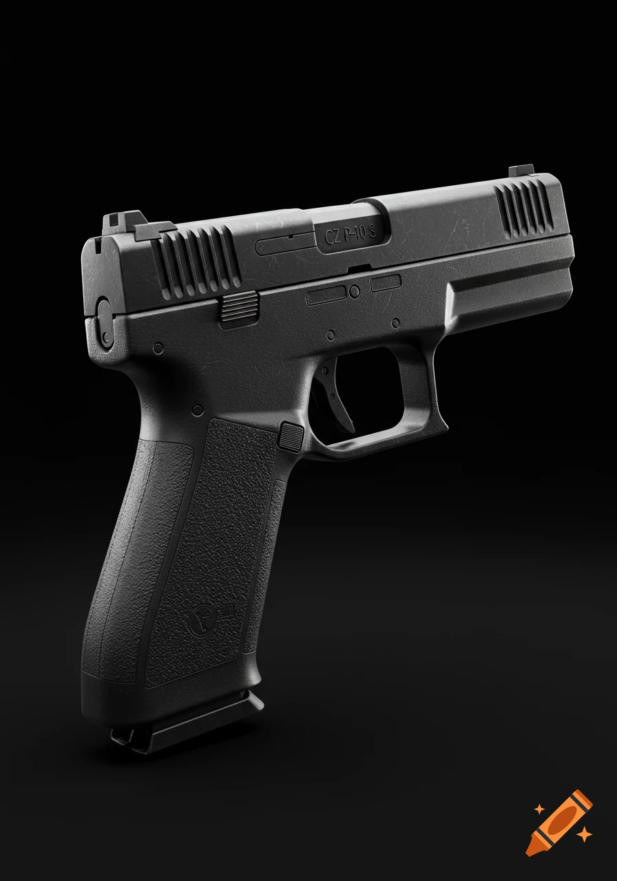 A photorealistic image of a black CZ P-10 S pistol, rendered against a dark, featureless background.