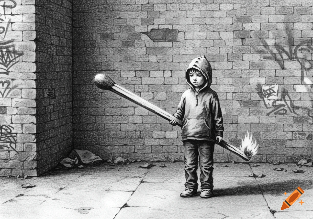 Grayscale pencil drawing of a child in a hoodie holding a giant lit matchstick in a gritty urban setting with graffiti.