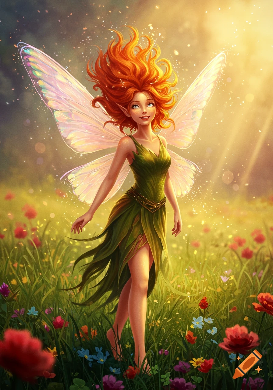 A smiling fairy with fiery red hair, a green dress, and iridescent wings stands in a sunny, flower-filled meadow.