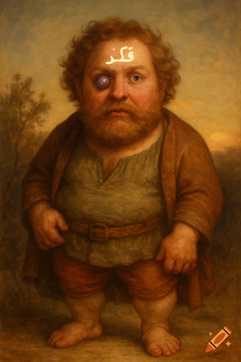 A ruddy-faced, plump man with curly red hair, a purple, grape-like eye, and Arabic text on his forehead, dressed in medieval clothes, standing in a painterly landscape.