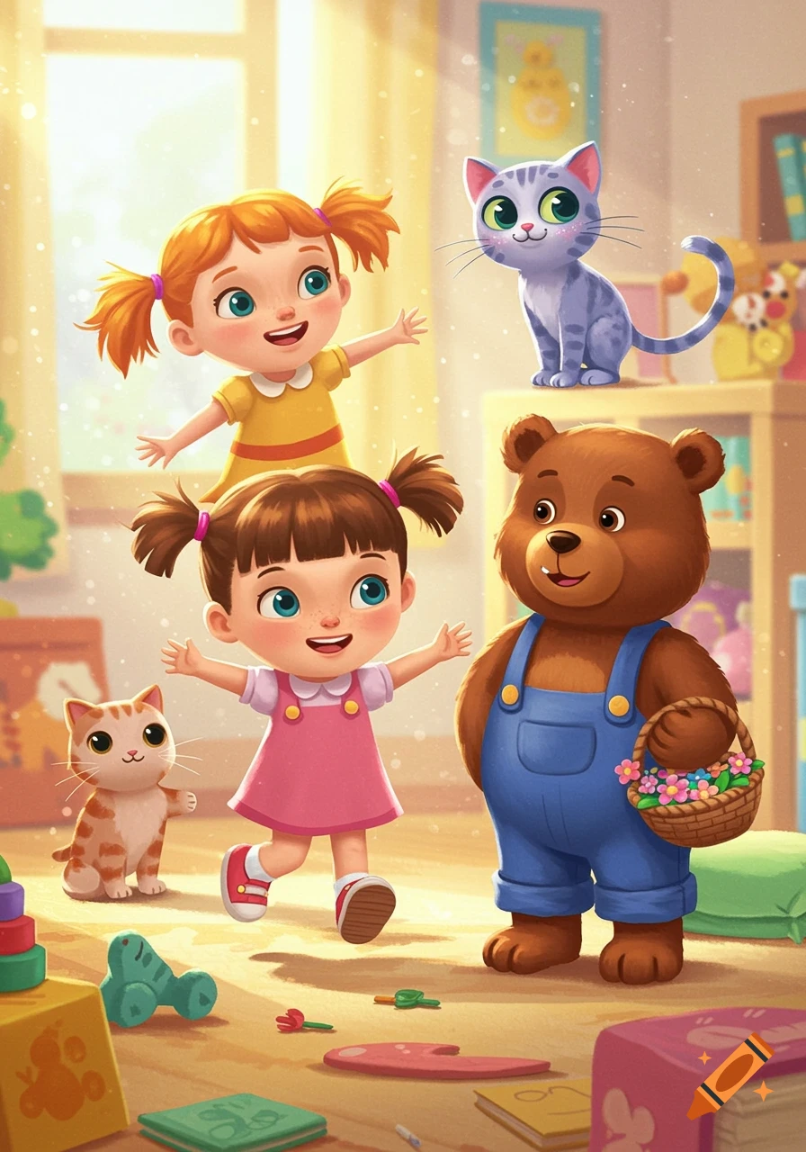 Two smiling cartoon girls, a bear in overalls, and two cats play happily in a sunny, colorful playroom filled with toys, in a children's illustration style.