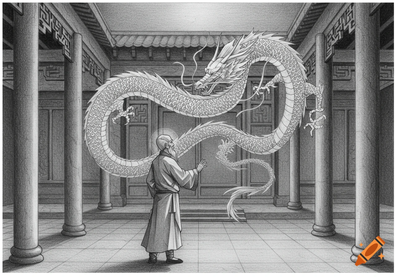 Pencil drawing of an old man facing a large dragon inside a traditional Asian temple.