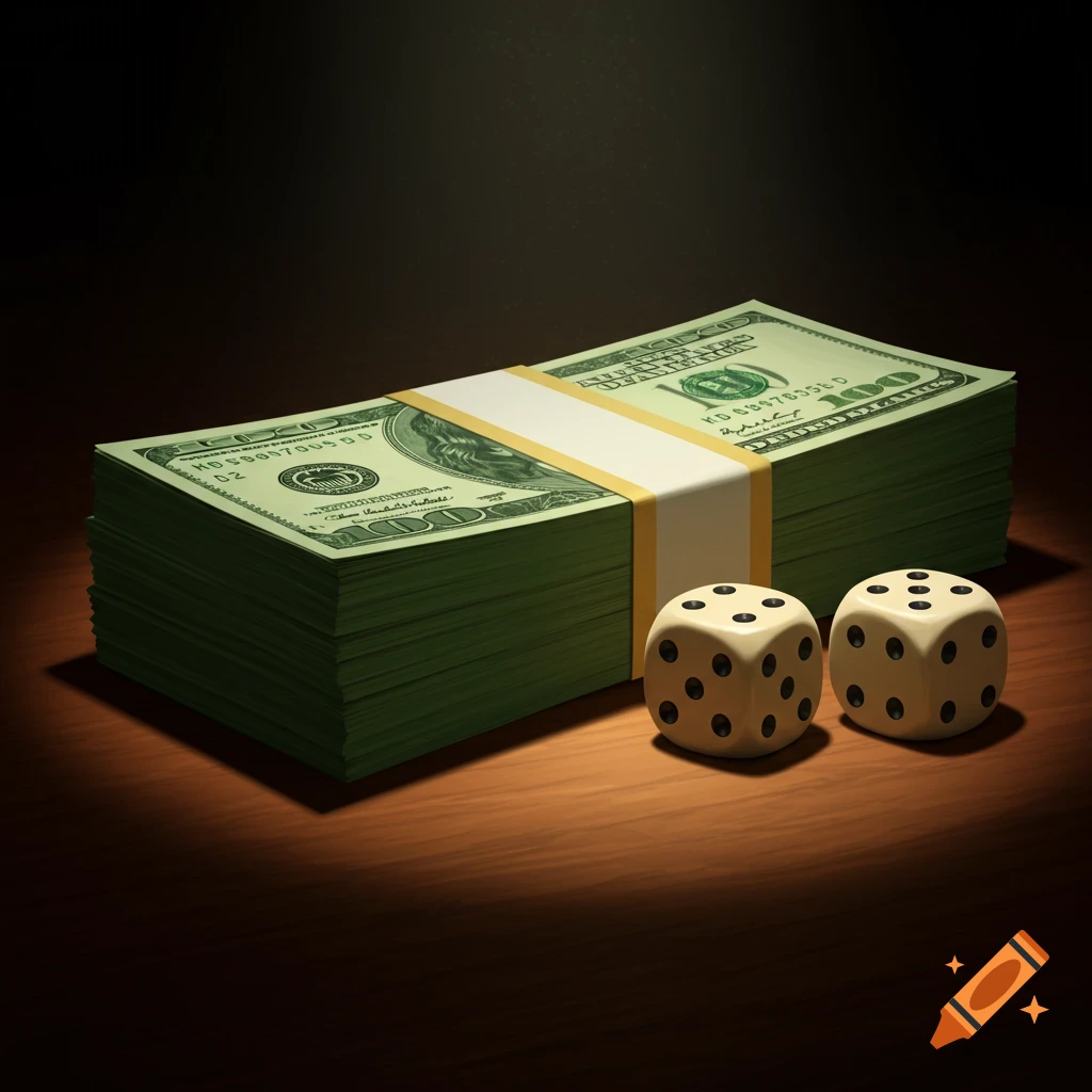 A stack of US hundred-dollar bills wrapped with a band sits next to two dice on a wooden surface, dramatically lit.